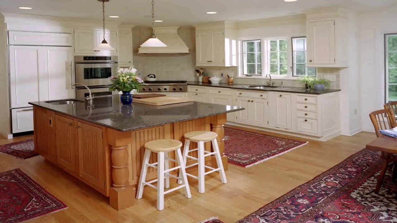 White Kitchen Cabinets Wood Island - YouTube