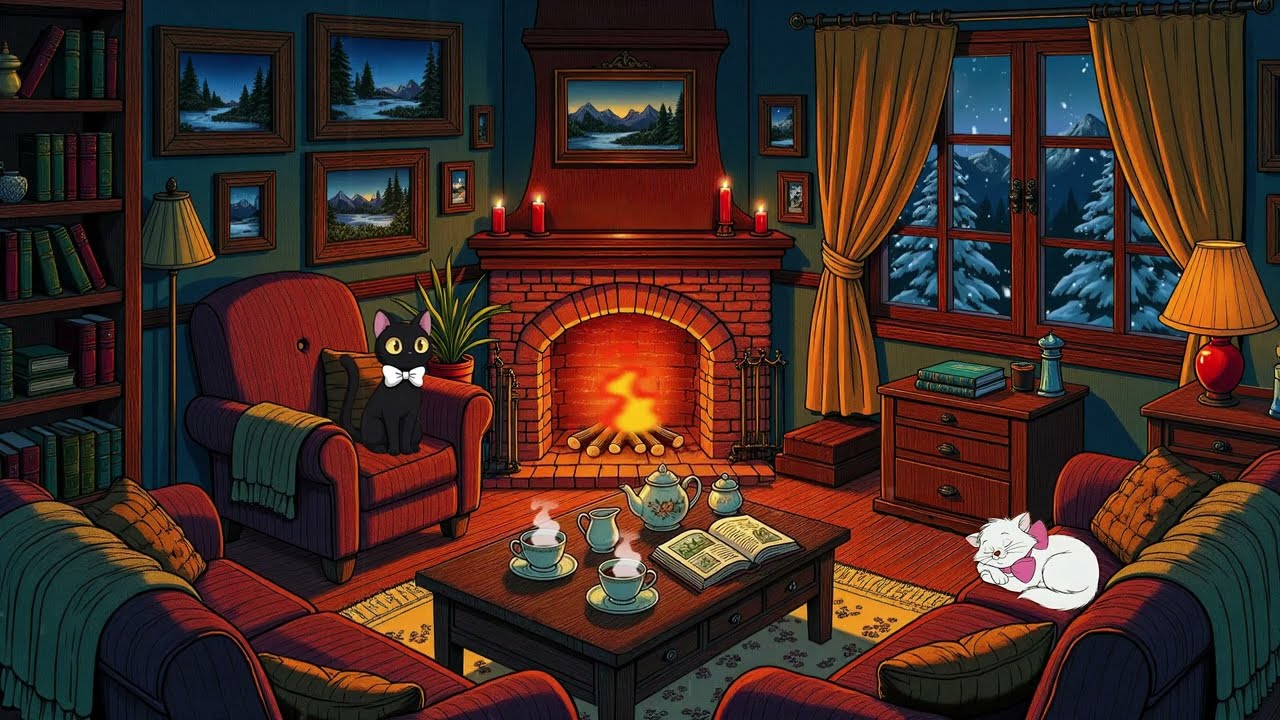 1950's cozy winter night by the fireplace with oldies playing in another room to relax