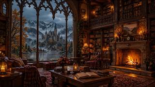 Cozy Castle Library Ambience π§οΈ Celtic Music, Rainy Loch View & Crackling Fireplace | Dark Academia