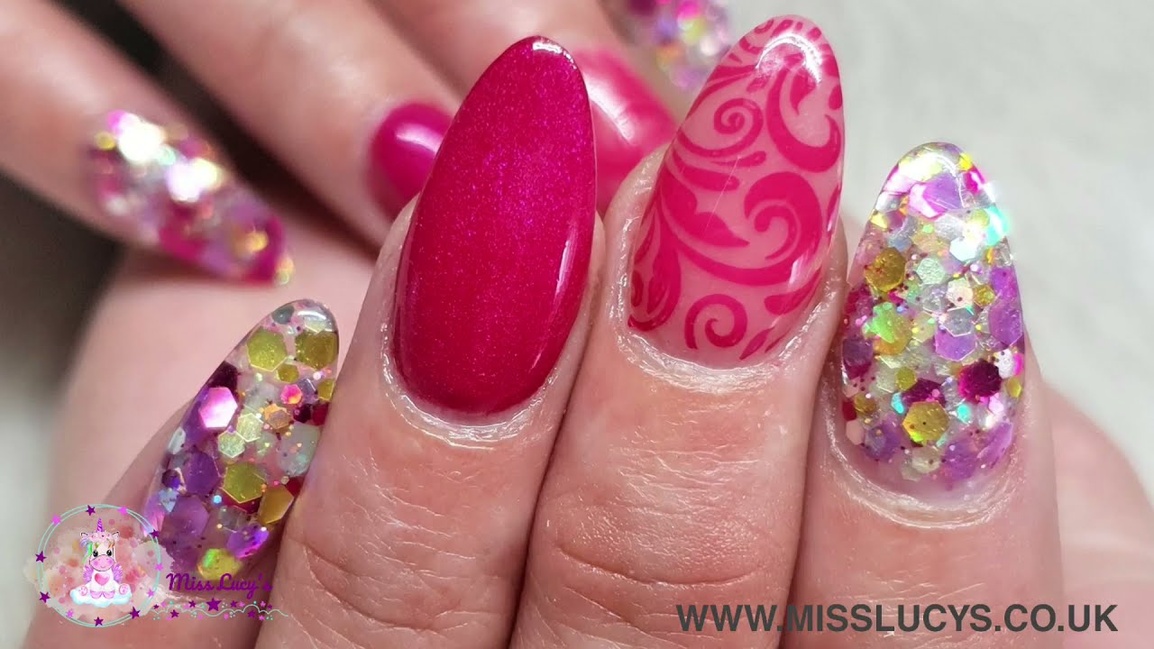 Hot Pink Acrylic Nail Design with Glitter and Moyou Stamping