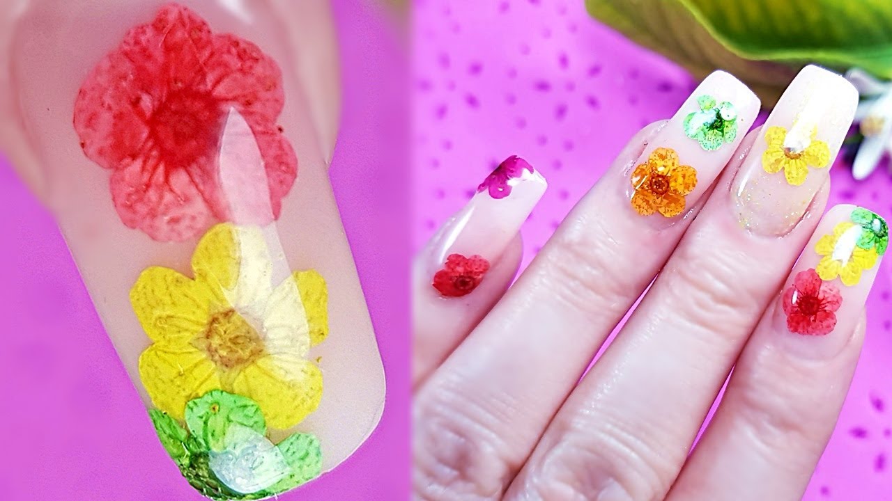 POLYGEL Nail Art with REAL DRIED FLOWERS DIY Pressed Flower Nails YouTube