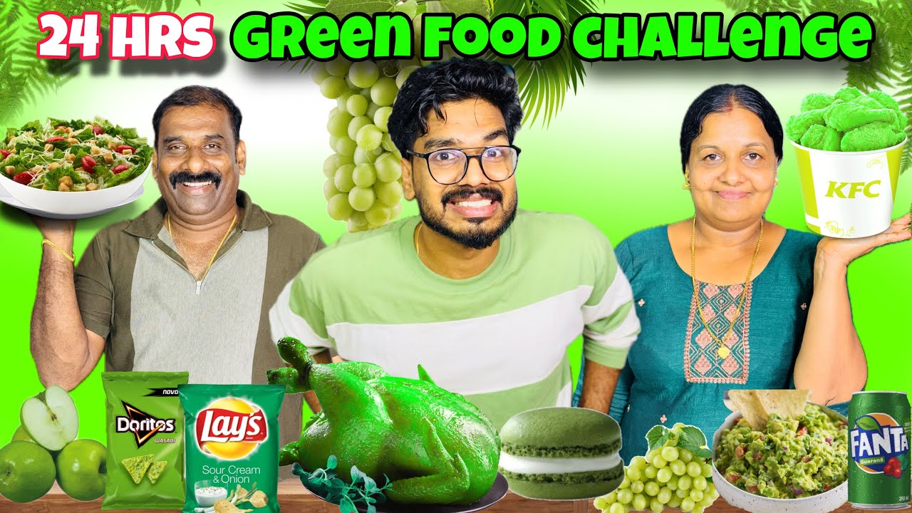 24 HOURS GREEN COLOUR FOOD EATING CHALLENGE WITH FAMILY 🤩