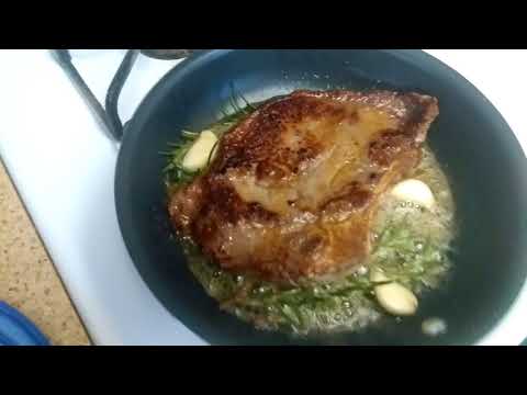 Pan seared ribeye steak in butter, rosemary, garlic , salt and pepper.