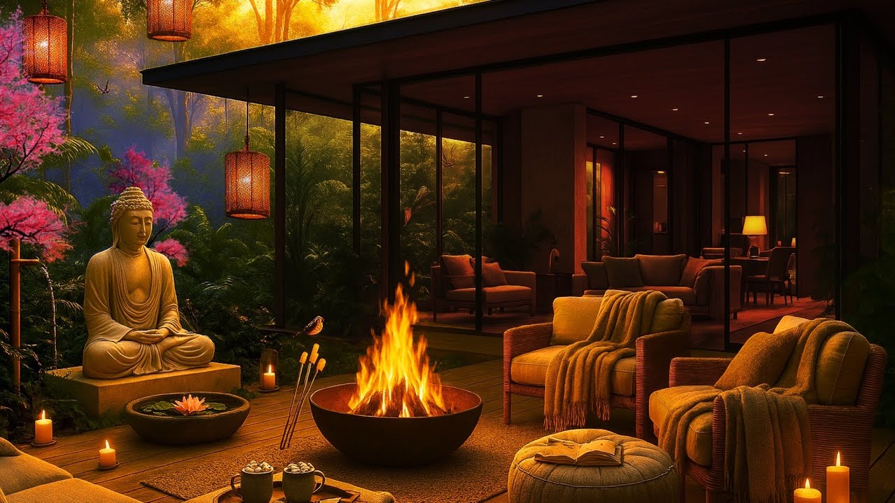 Zen Forest Fireplace Ambience | Relaxing Outdoor Retreat with Fire Sounds and Soft Music | 4K