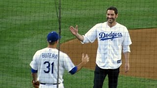 Actor Tom Ellis Throws First Pitch at Dodgers 7-12-14