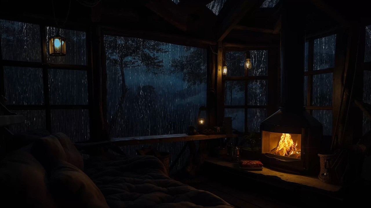 A Cozy Night in a Forest Cabin with Rain Outside and a Warm Crackling Fireplace for Relaxation