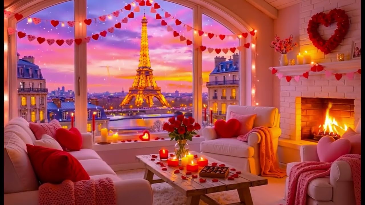 Cozy Valentine Fireplace Magnificent Paris 💗 Soft Piano & Relaxing Ambience 💕 ❤️