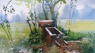 watercolor tube farm painting village well
