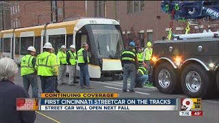 First modern Cincinnati streetcar vehicle on the tracks