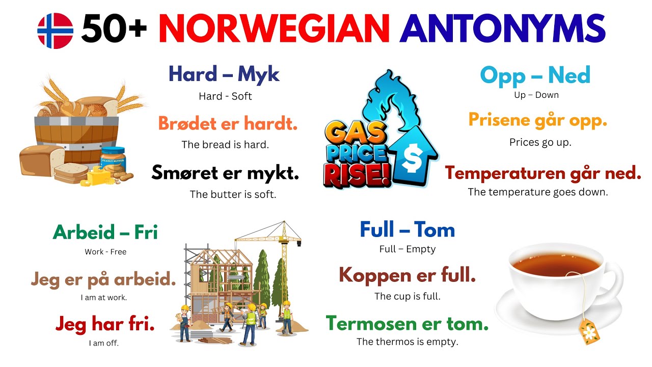 100 Viktige Norske Antonymer 🇳🇴 | Snakk Norsk Naturlig med Korte Eksempler (A1–B1)