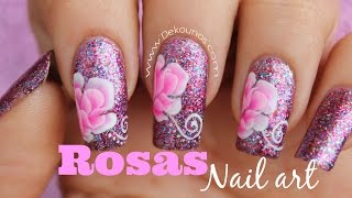 Decoración de uñas rosas en pinceladas - Rose one stroke nails