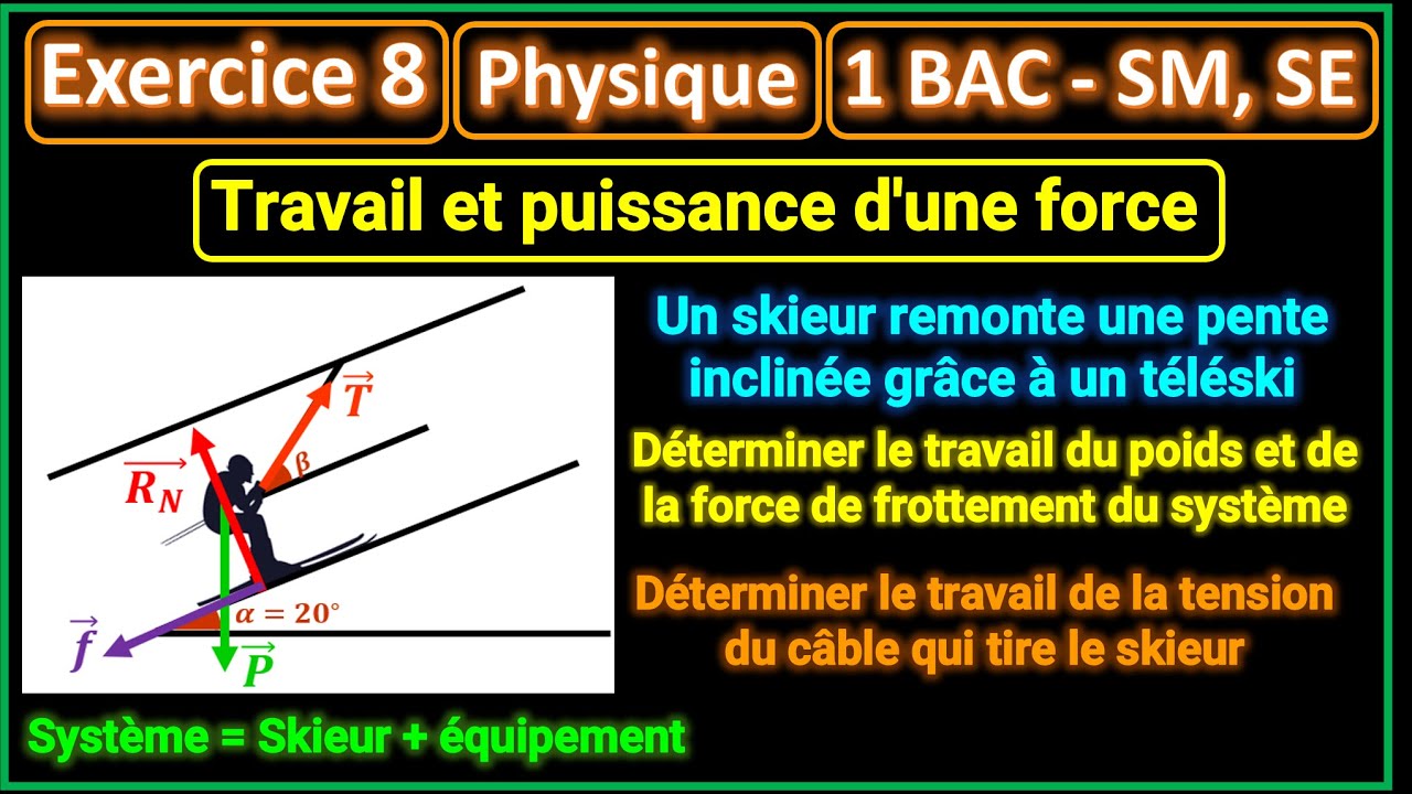 Exercice 8: Travail et puissance || Un skieur remonte une pente inclinée grâce à un téléski || 1BAC