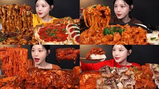 Mukbang compilation | Spicy Jokbal Noodles, Pepperoni Gamjajeon, Short Rib Stew, Pork & Intestines.