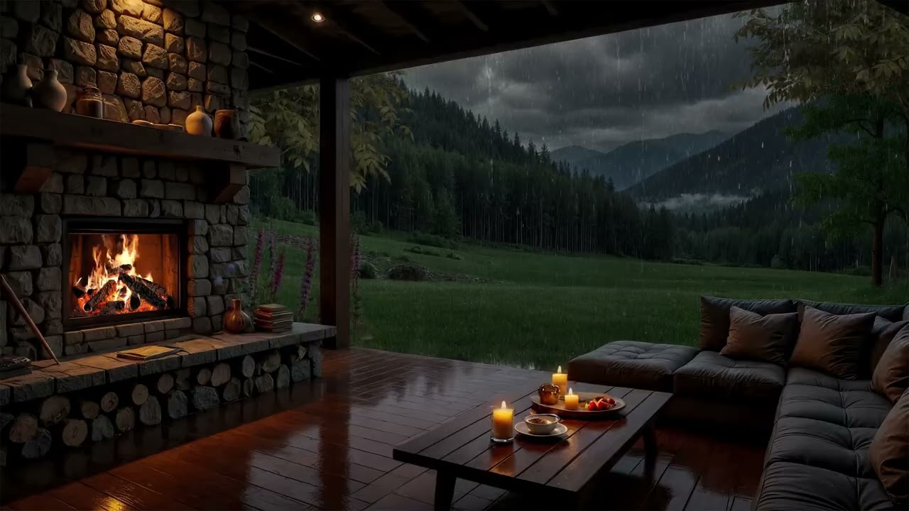 Cozy Cabin in Stormy Forest Night 🌧️ Heavy Rain Sounds & Fireplace for Sleep & Peace