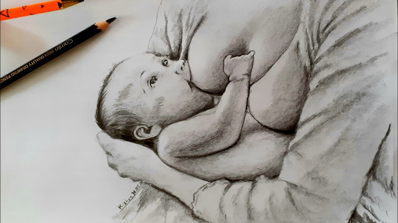 How to draw a baby with his mother || Breastfeeding drawing ...