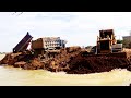 Amazing land filling Equipment Dump truck unloading soil Bulldozer pushing soil