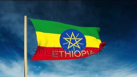 Ethiopia flag slider style with title. Waving in the wind with cloud background animation Stock