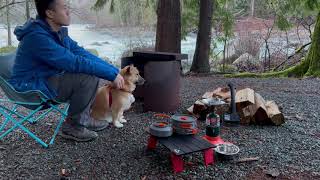 TESLA CAR Camping by Loud River and COLD weather with my Corgi/Shepherd friend