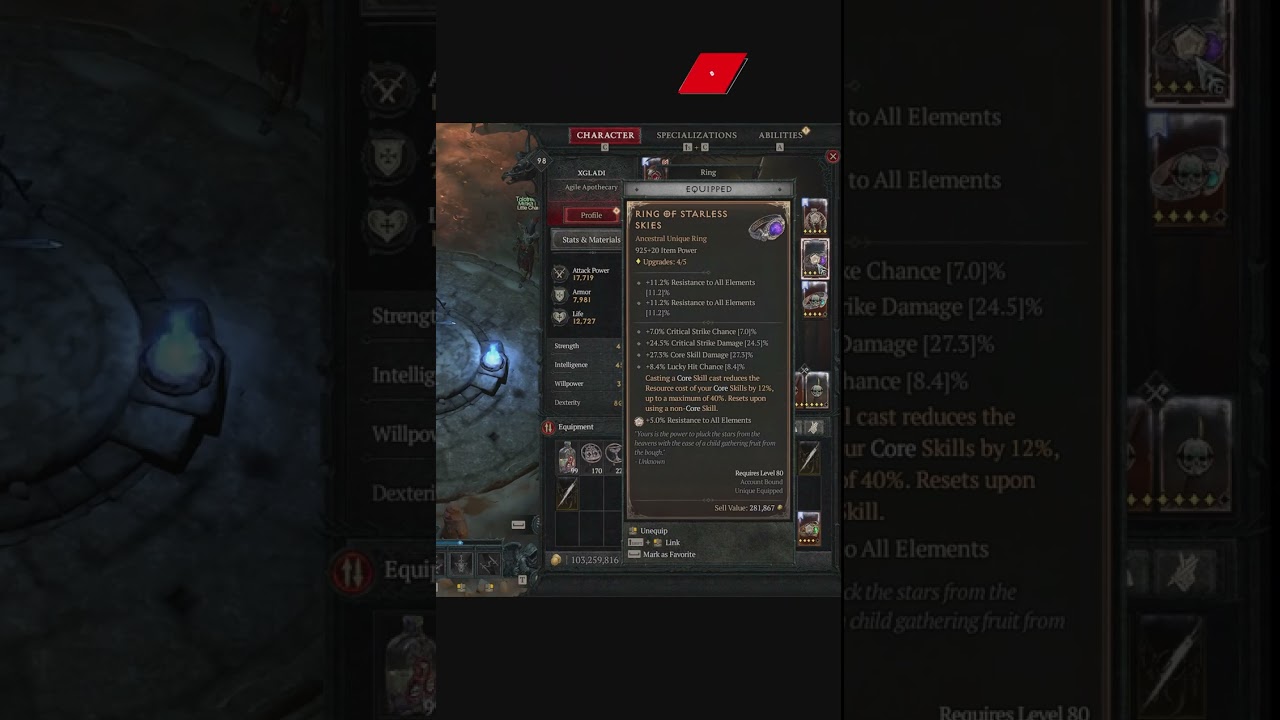 Diabo 4 - Uber Uniques Item - Ring of Starless Skies  