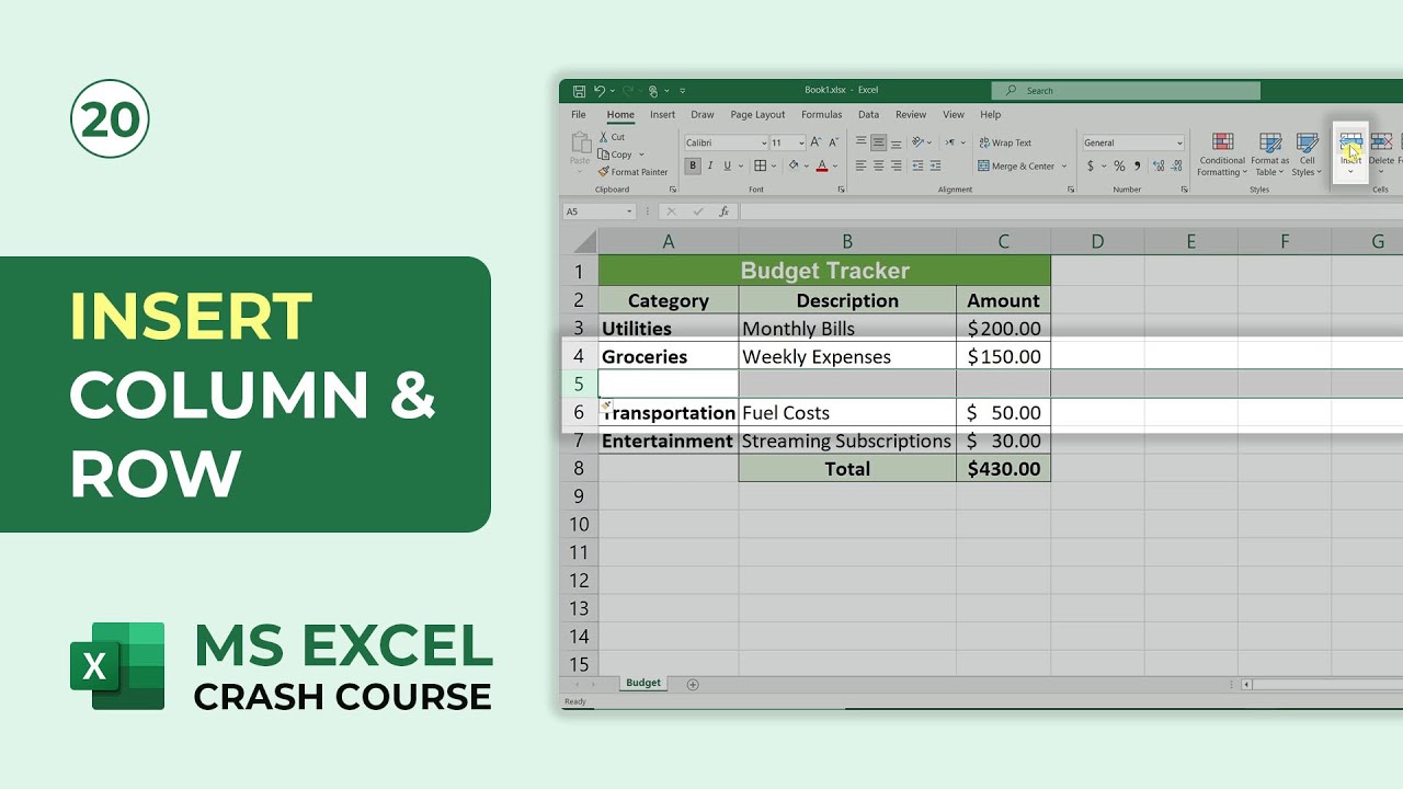 How to Insert Rows and Columns in Excel | MS Excel Crash Course #20 ...