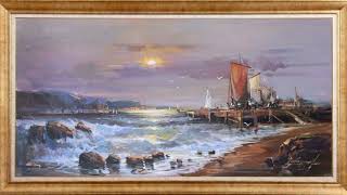 Beautiful Seascape Painting | Ship Near the Shore, Golden Sunlight & Ocean Waves Artwork  screenshot 2