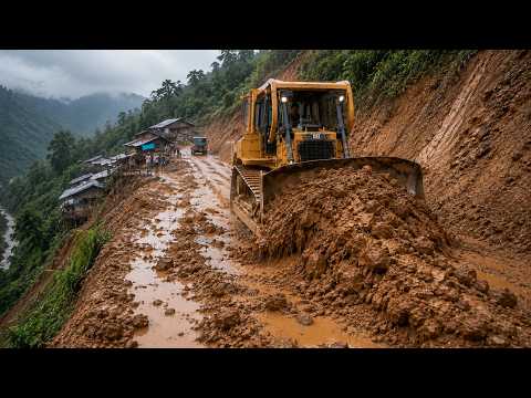 Extreme Mountain Road Construction: Bulldozer Working On Steep Muddy Cliffs!