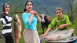 IRAN Village Life: Traditional Cooking of 15-kg  Fish & Local Bread Under Salt | Mountain Life