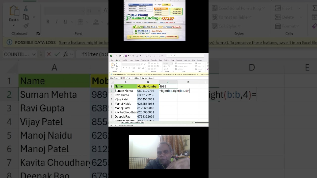 Find Phone Numbers Using Last 4 Digits in Excel 🔍 FILTER Formula Trick (No Errors!)