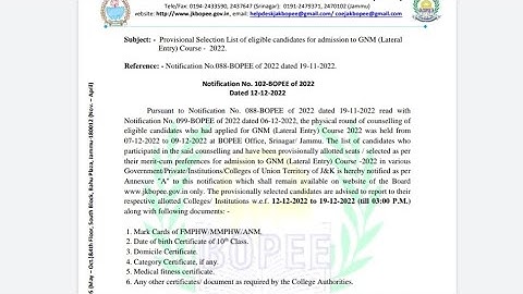 JKBOPEE RELEASED PROVISIONAL SELECTION OF GNM LATERAL ENTRY