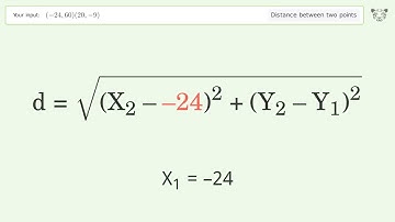 Find the distance between two points p1 (-24,60) and p2 (20,-9): Step-by-Step Video Solution