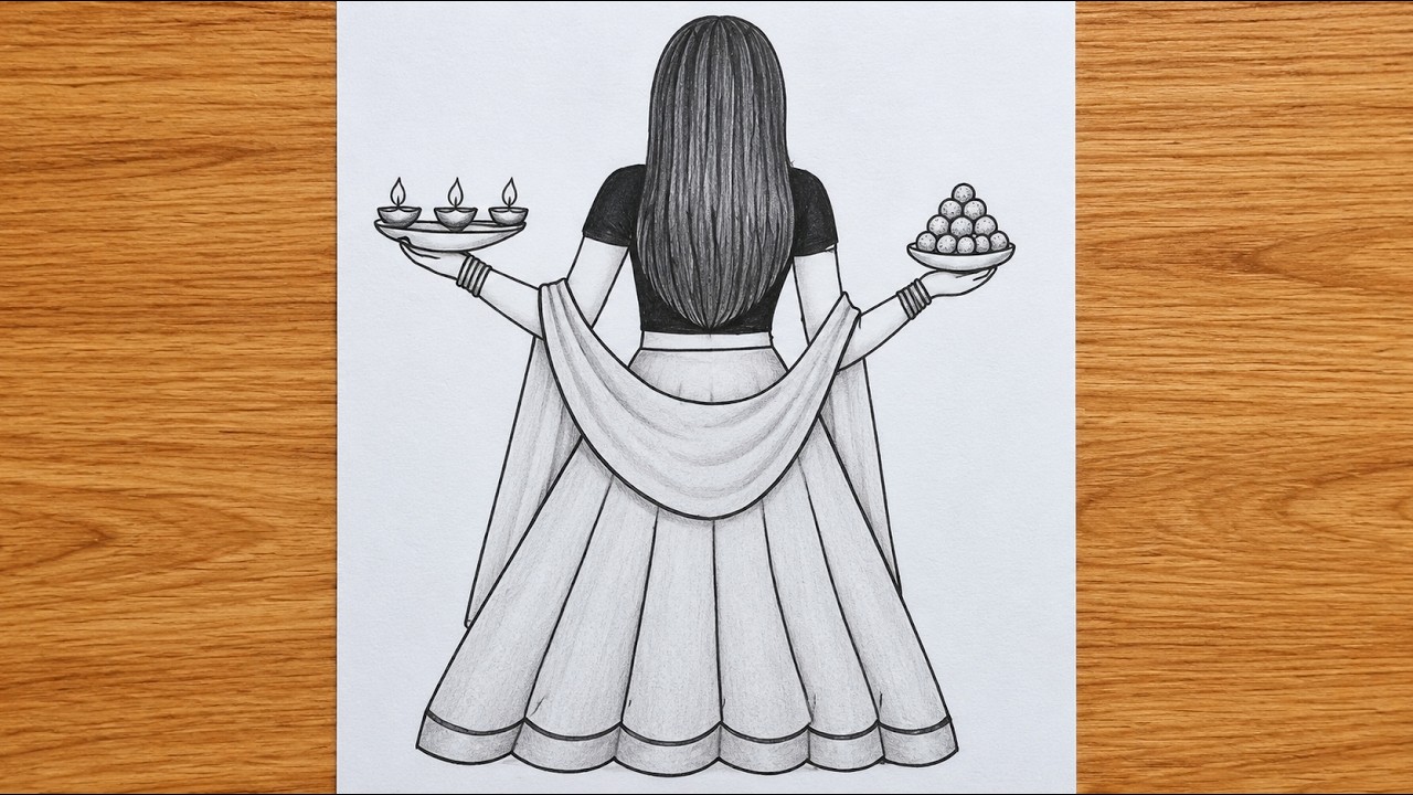 Beautiful Girl Holding Diyas & Laddoos | Easy Pencil Sketch Drawing ...