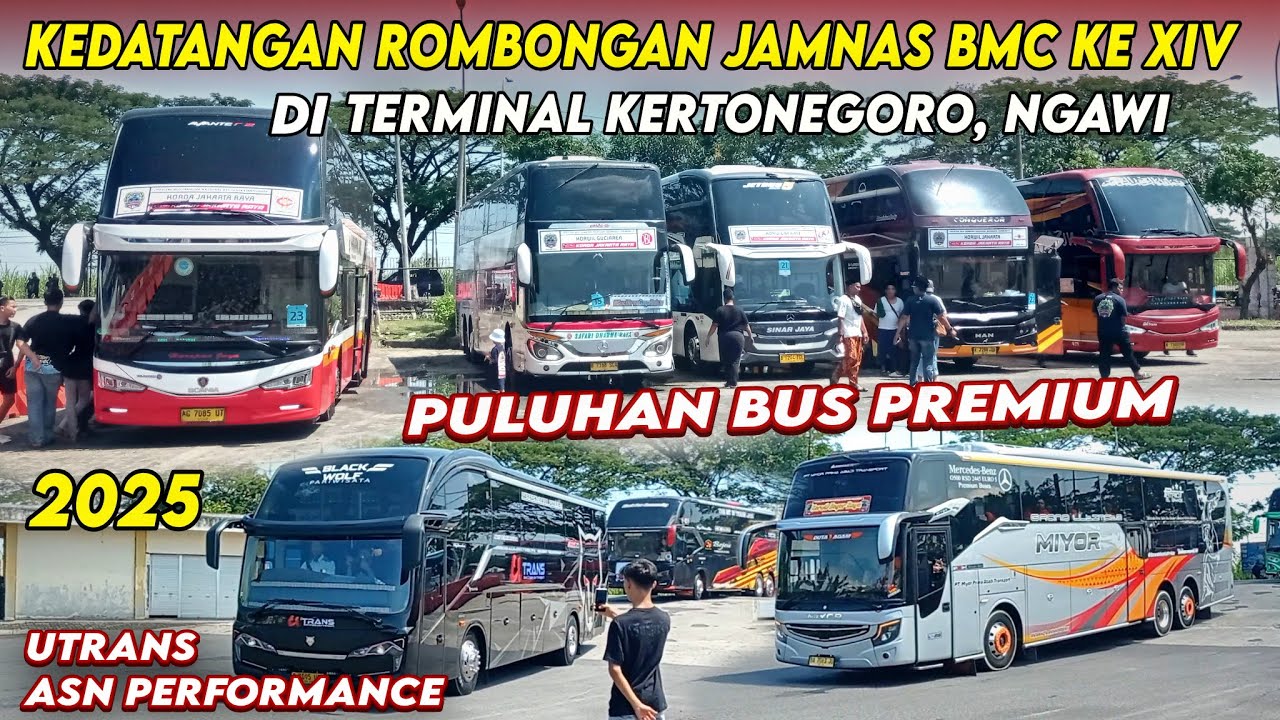 Kedatangan Puluhan Bus Rombongan Jamnas BMC ke XIV tahun 2025 di Terminal Kertonegoro, Ngawi