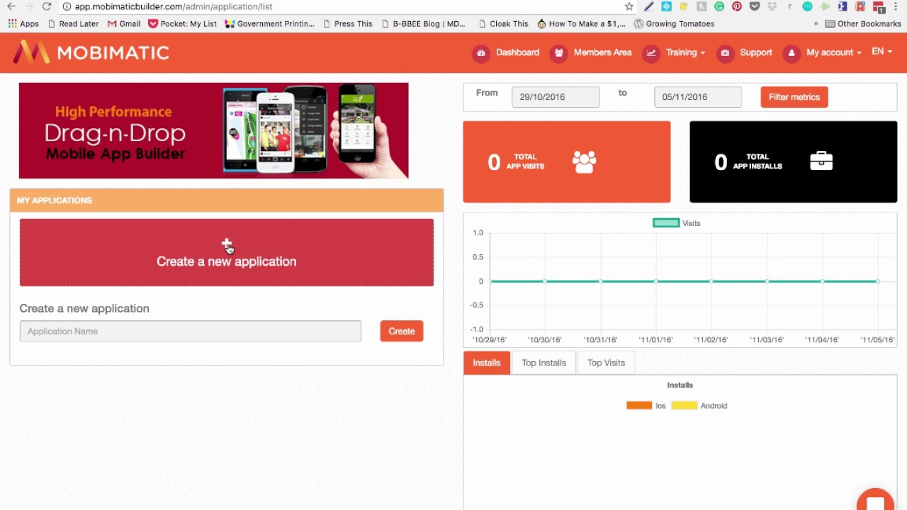 Mobimatic App Builder - Welcome and Dashboard
