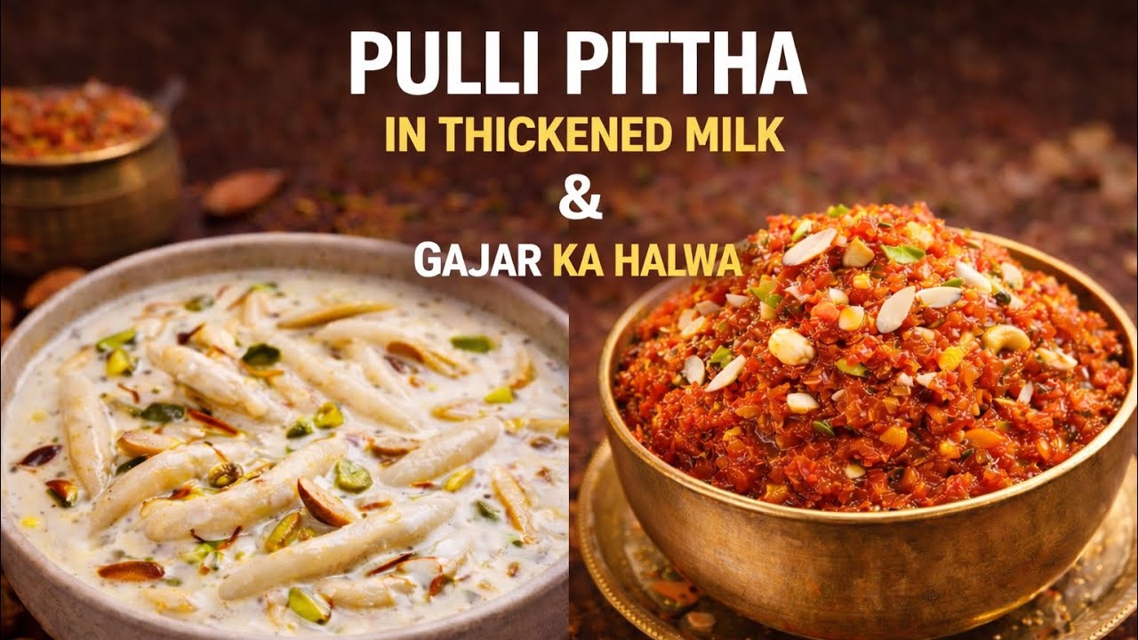 Pulli Pittha in thickened milk paired with rich Gajar ka Halwa — pure winter comfort in a bowl 🤍🧡