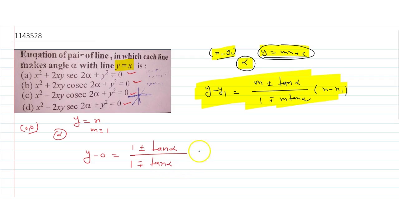 Equation of pair of line, in which each line makes angle `alpha` with ...