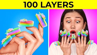 100 LAYERS CHALLENGE! 100 VS 100,000🤩 - Coats of Nails, Duck Tape, ORBEEZ POOL by 123GO! CHALLENGE