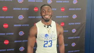 Former Boise State defensive back Seyi Oladipo talks after his Pro Day workout