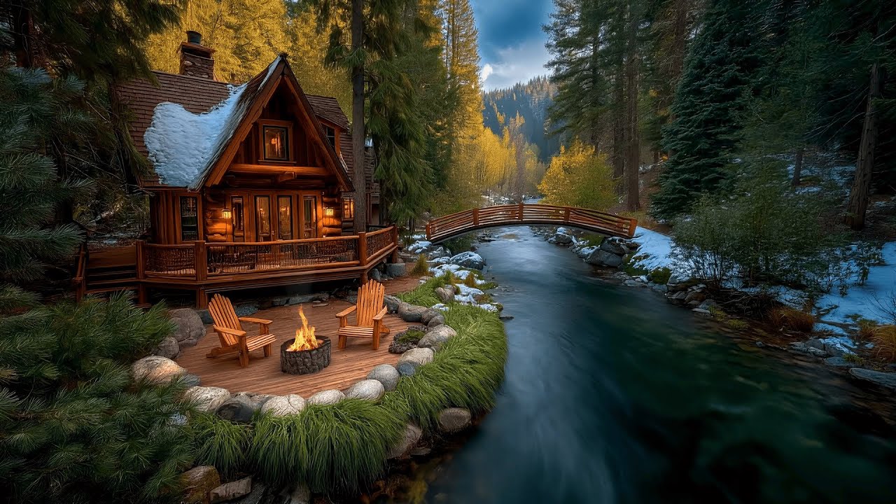 Let the Birdsong Melt Your Stress — Relax by a  Cabin Patio Campfire Beside a Forest River