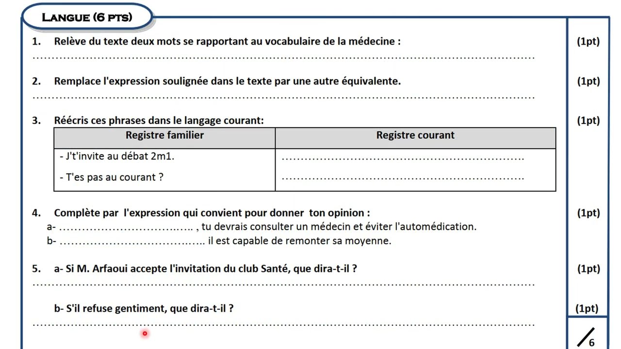 Examen local normalisé français 3AC 2024 تصحيح امتحان موحد محلي اللغة الفرنسية