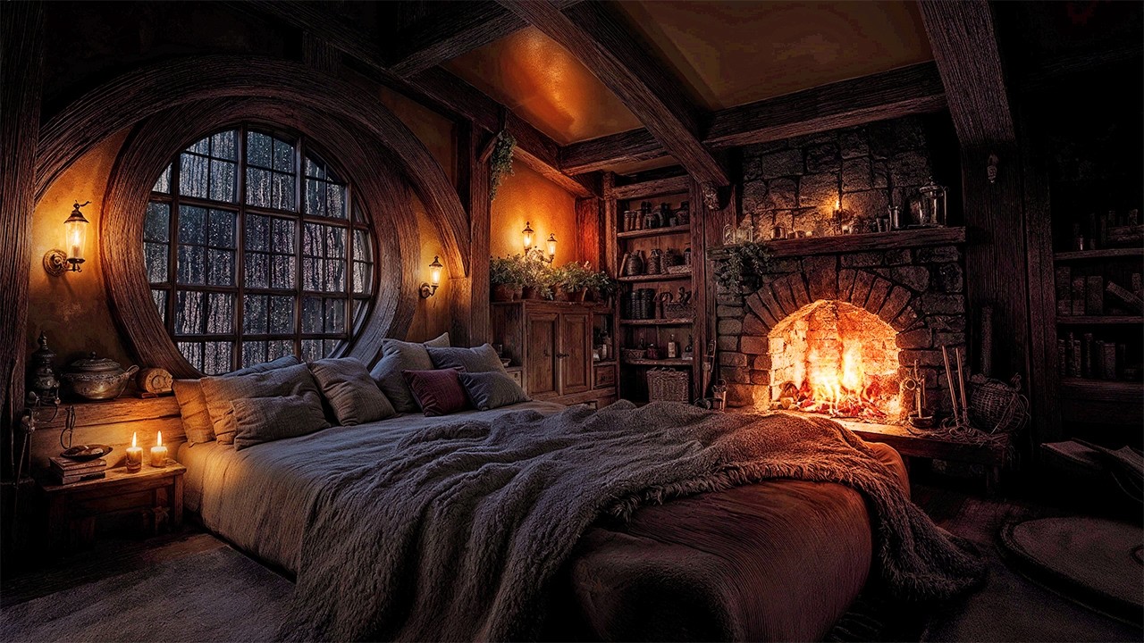 Cozy Hobbit Bedroom – Rain on Window Night Ambience for Sleep (10 Hours, 4K)