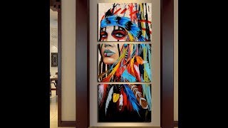 Native American Girl Feathered Women Modern Home Wall Decor Canvas On Canvas 3 Piece