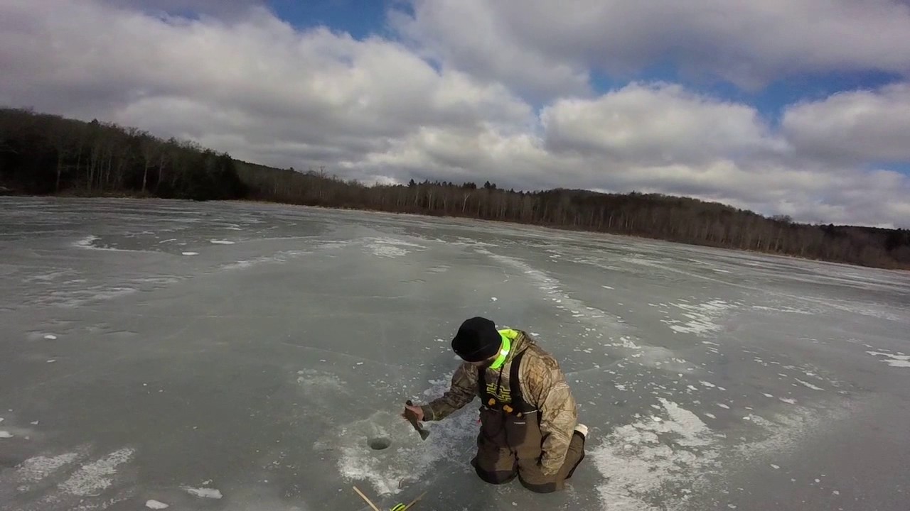 ice fishing on lake myosotis catching perch and a bullhead - YouTube