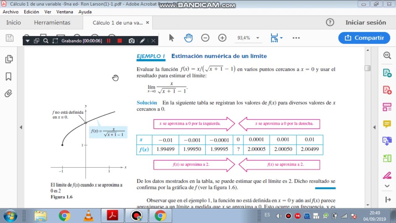 Calculo de limites de manera gráfica y numérica 1 (cálculo de una