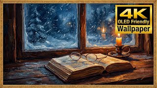 4K Wallpaper - Open Book & Candle - Cozy Winter Study screenshot 1