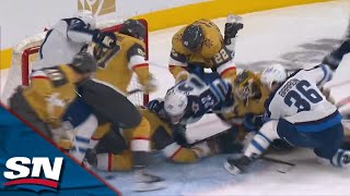 Jets' Morgan Barron Takes Cut To Face During Chaotic Scramble In Golden Knights Crease