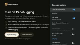 Launcher Switch: turn on USB debugging on Android TV