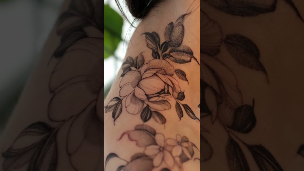 Peony Tattoo from Neck to Forearm – Elegant Full Flow Design