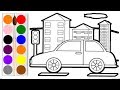 رسم و تلوين سيارة للأطفال draw a car مع تعليم الوان للأطفال احمر اصفر اسود مدينة و منزل