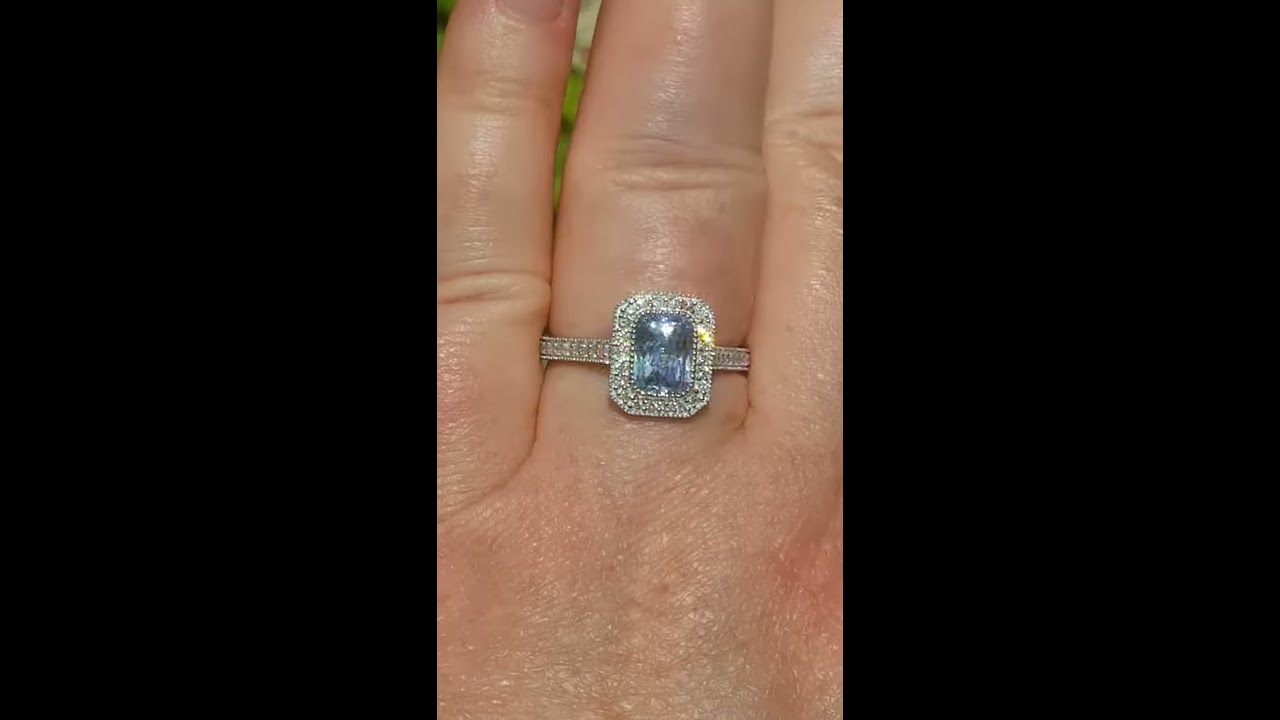 2 Carat Radiant Blue Sapphire In White Gold Milgrain Bezel Diamond Halo Engagement Ring
