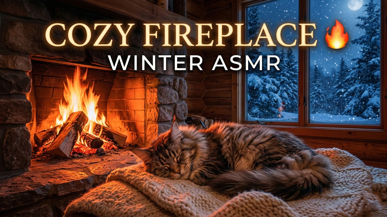 Cozy Cat by the Fireplace 😺 Crackling Fire ASMR & Winter Ambience for Sleep 🔥 Relaxing Sounds